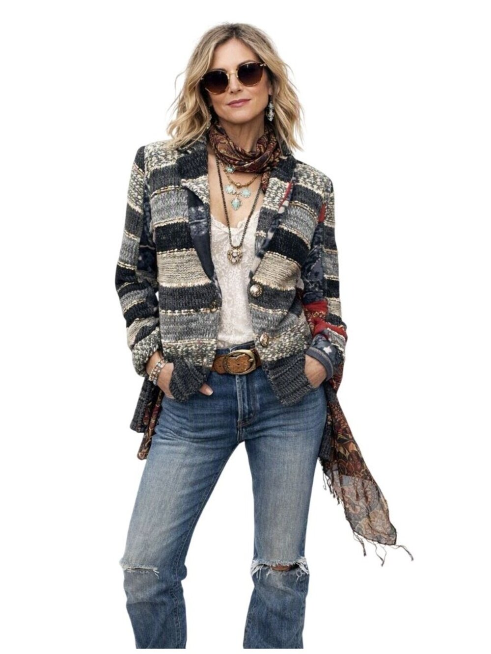 LULU H Womens M Patchwork Chunky Knit Blazer Jacket Wool Blend Boho Artsy Money
